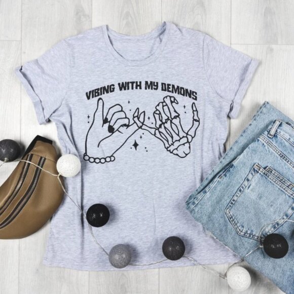 Vibing with my Demons NEW gray short sleeve shirt - Picture 2 of 2